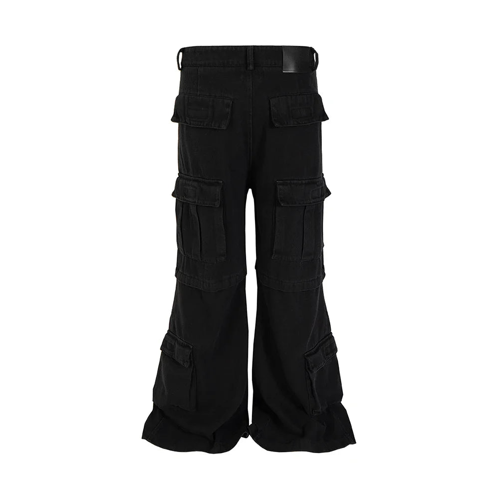 saferido High Street Multi-pockets Washed Black Cargo Pants Mens Straight Pleated Casual Baggy Overalls Oversized Loose Casual Trousers