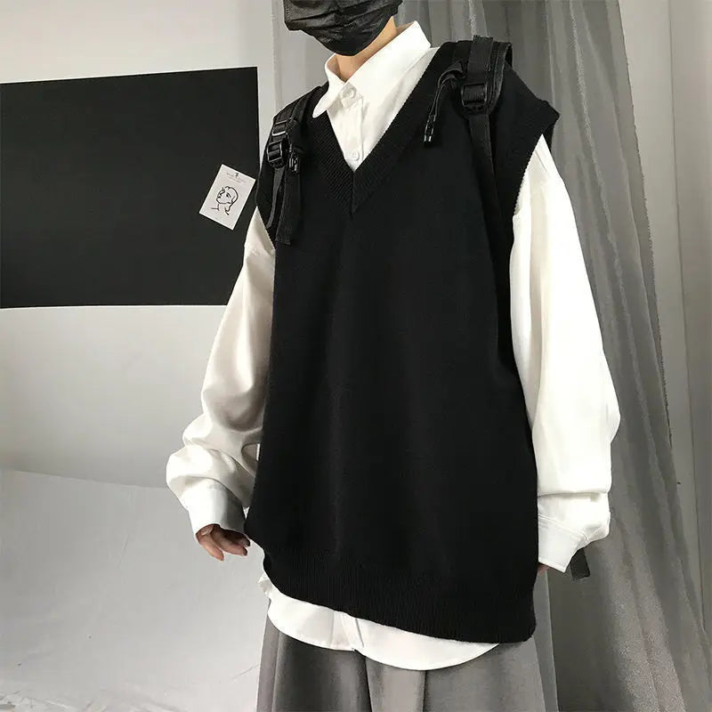 saferido Spring New Korean Fashion Men Pullover Oversized Sweater Vest Male Loose Casual Harajuku Waistcoat Knit Vest for Men
