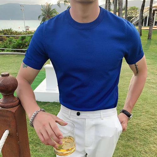 saferido British Style Summer Ice Silk Short Sleeve Knitted T Shirts Men Simple Pure Color O-Neck Casual Slim Tee Shirt Top Homme M-3XL