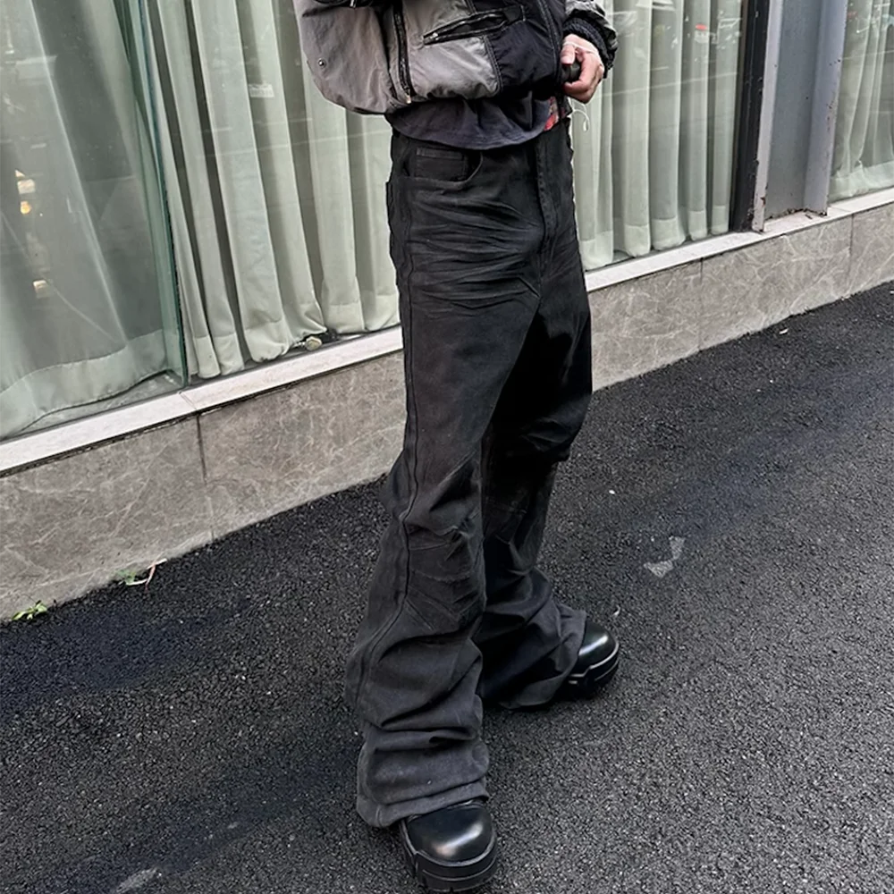 saferido Streetwear Black Glue Coated Boot Cut for Men and Women Straight Baggy Casual Flare Pants Oversized Loose Denim Trousers