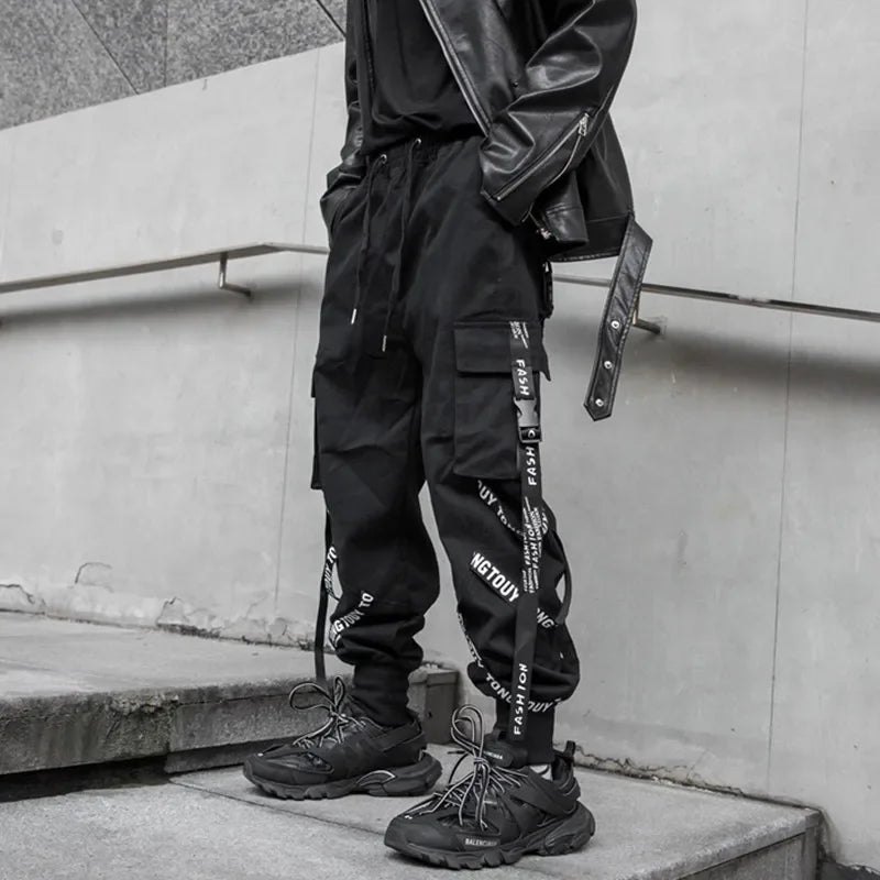 saferido Techwear Cargo Pants Men Joggers Black Cargo Trousers for Men Jogging Japanese Streetwear Hip Hop Hippie Gothic Ribbon