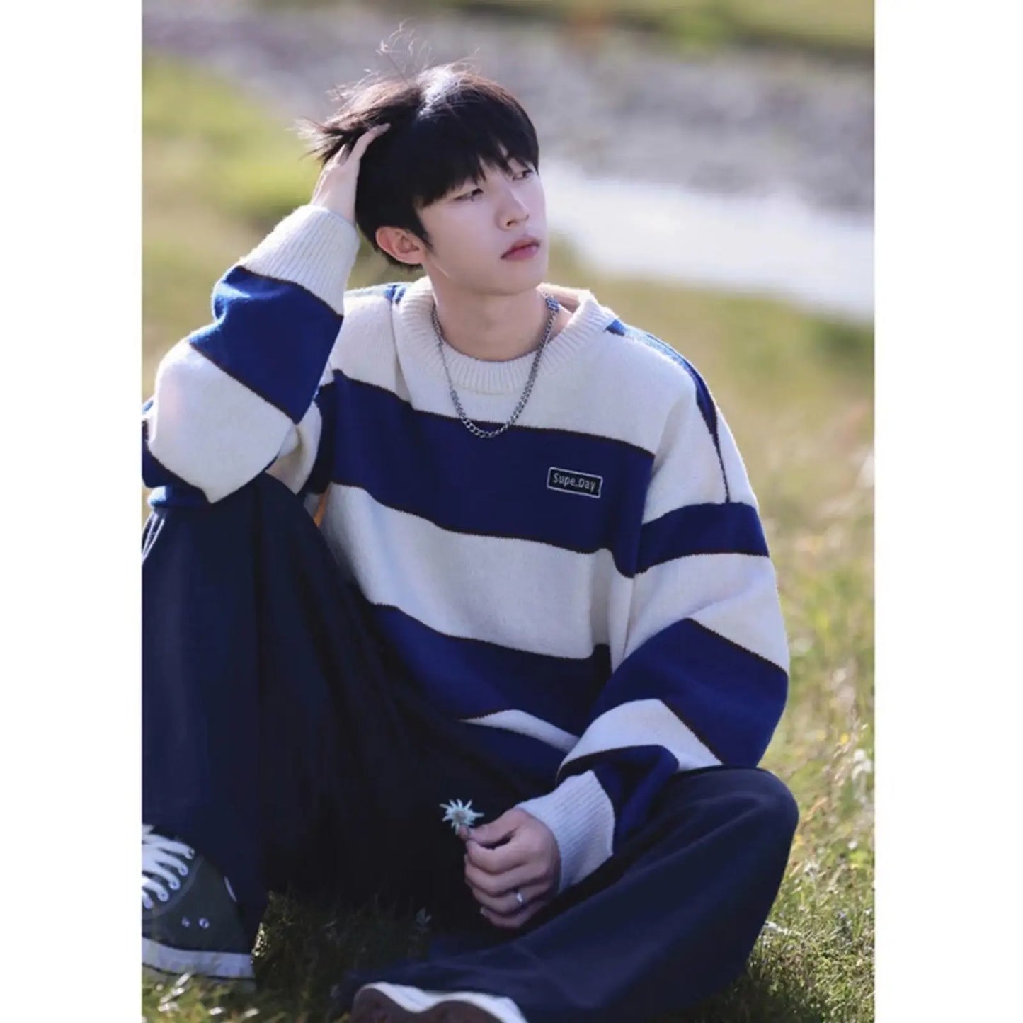 saferido Hip Hop Korean Stripe Contrast Color Autumn and Winter New Fashion Sweater Men's Loose Relaxed Student Round Neck Lazy Style