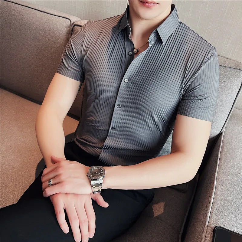 saferido British Style Men's Summer Lce Silk Casual Short SSleeves Shirts/Male Slim Fit Lapel Stripe Stretch Business Dress Shirts