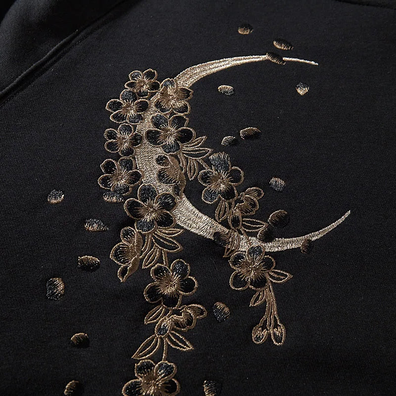 Men Streetwear Fleece Hoodie Sweatshirt Embroidery Flower Chinese Kanji Pullover Winter Harajuku Cotton Hooded Hoodie