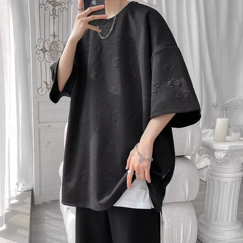 saferido Fashion Short Sleeve T-shirts Men Jacquard Korean Couples Youthful All-match Y2k Tops Harajuku Streetwear Unisex Mens Clothing