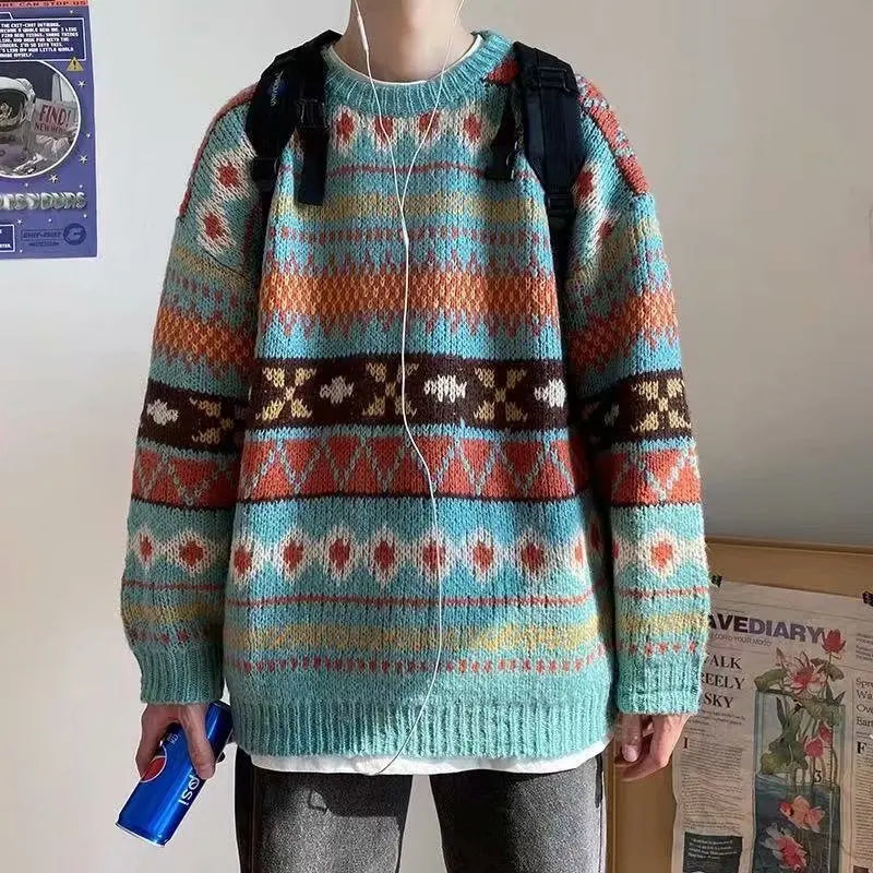 saferido Men's Knitted Vintage Graphic Sweater with Pattern Brown Blue Pullovers Sweaters and Jumpers Korean Streetwear Harajuku