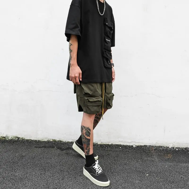 saferido High Street American Multi Pocket Functional Work Shorts Men's Street Retro Hip Hop Loose Casual Capris Trend