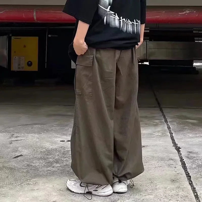 saferido Leg Men Casual Retro Wide Baggy Hip Oversize Japanese Loose Parachute Streetwear Hop Pants Cargo Male Trousers Vintage