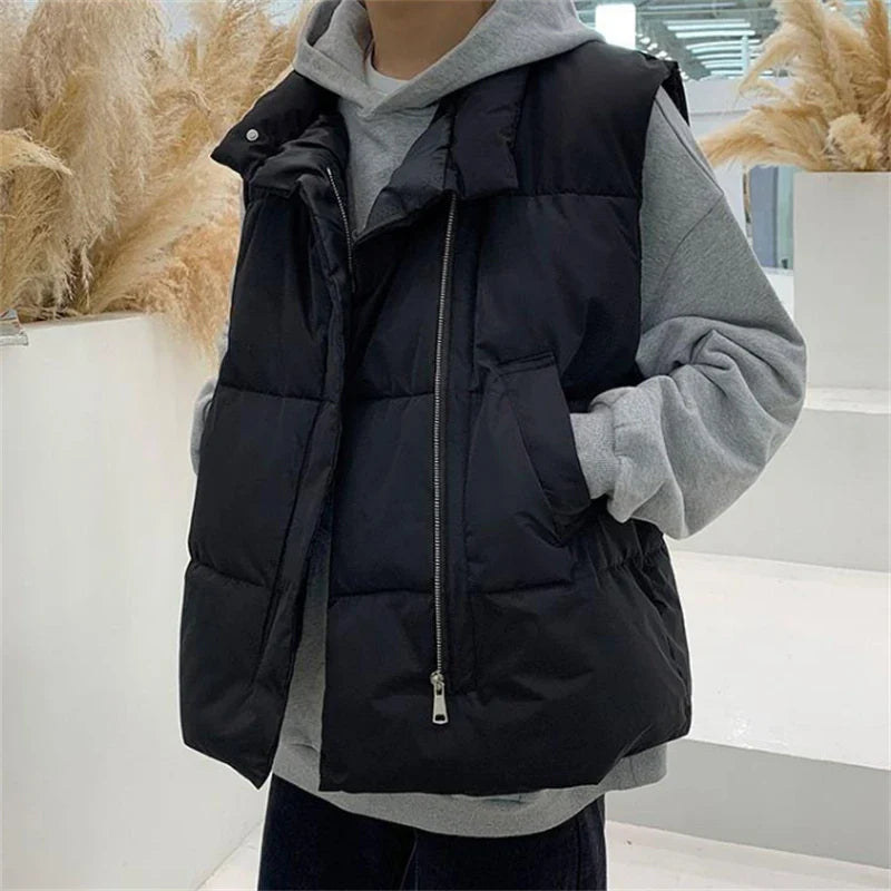 saferido Casual Men Waistcoat Loose Stand Collars Sleeveless Zipper Vest Coats Autumn Winter Korean Chic Streetwear Man Coats