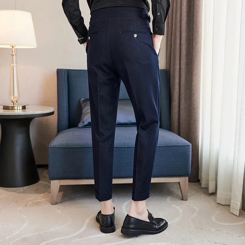 saferido Men Spring Summer Belt Decoration Casual Ankle Length Pants Fashion Slim Fit Suit Pants Streetwear Social Business Trousers