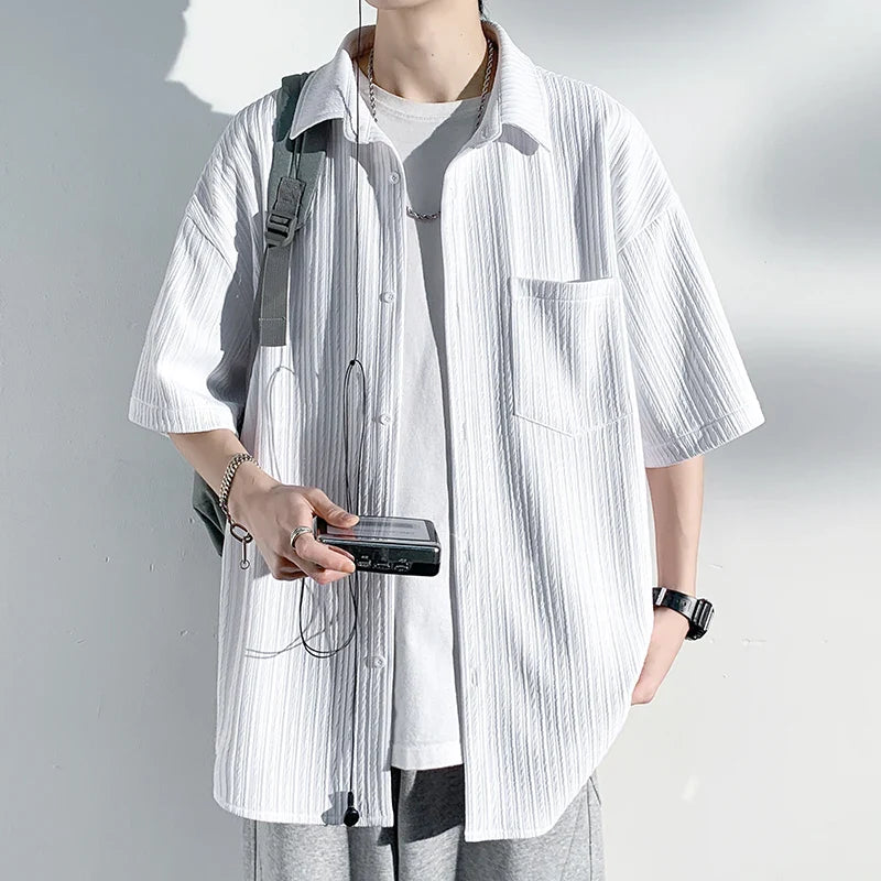 saferido Men's Short Sleeve Shirts Solid Color Blouses Fashion Streetwear Clothes College Style Tops Spring Summer Male Cardigan