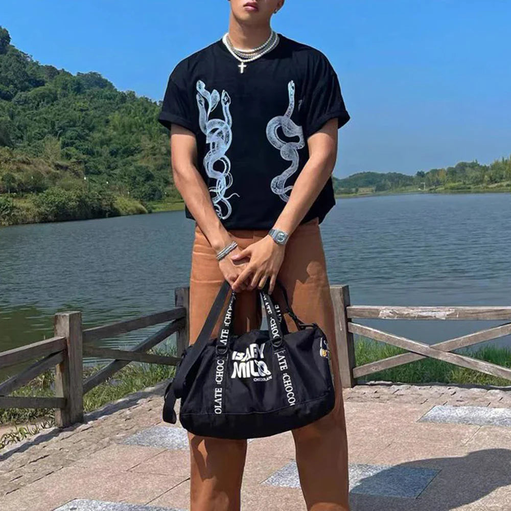 saferido Men's Casual T-Shirt Fashionable Trendy Hip-Hop High Street Y2k Retro Snake Pattern Loose Cotton Top 2024 Spring And Summer