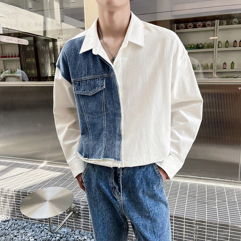Daily Streetwear Mens Denim Patchwork Shirt Clothes Fashion Turn-down Collar Long Sleeve Button Shirts For Men Fall Casual Tops