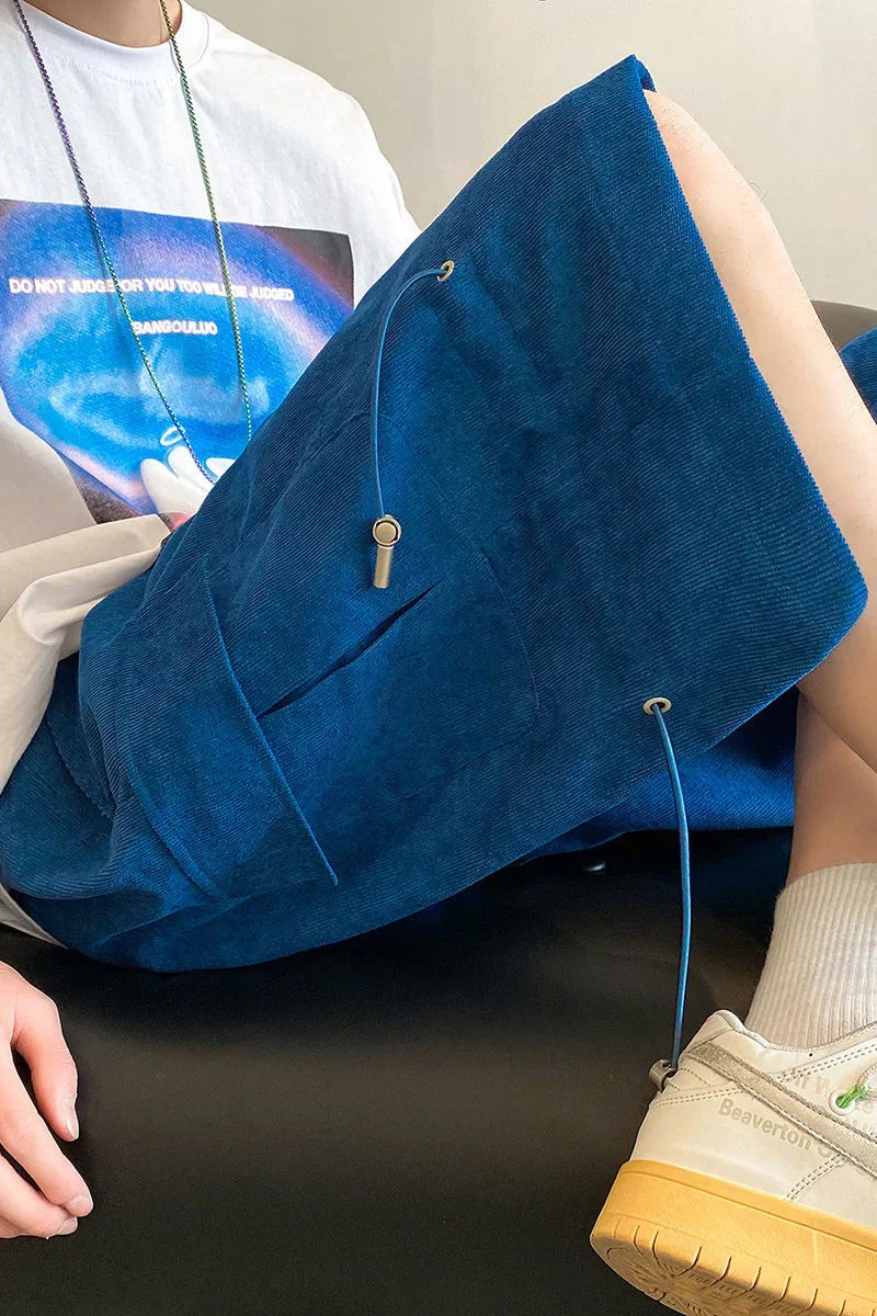 saferido Solid Loose Shorts Summer Straight Wide Leg Casual Pants Oversize Simple Fashion Pocket Drawstring Five Points Pleated Pants Men