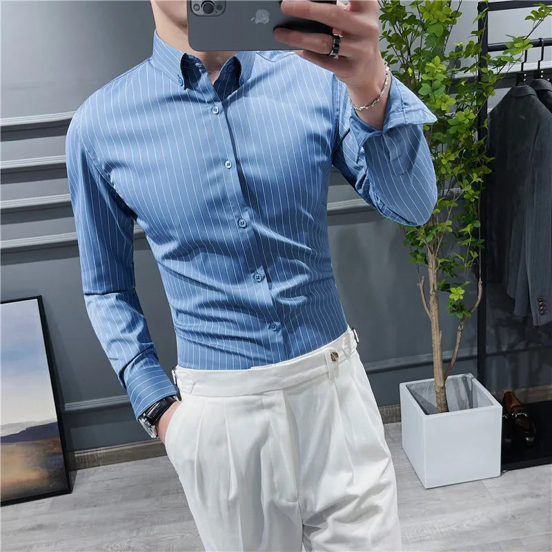 saferido British Style Striped Shirts Mens Long Sleeve Business Formal Dress Shirt Casual Slim Fit Shirt Streetwear Social Party Clothing