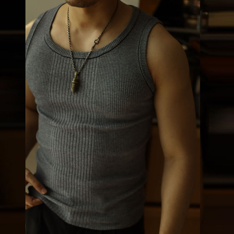 Casual Solid Knitted Tank Top Men Summer Fashion Ribbed Vest Mens Slim Fit Crew Neck Sleeveless Tops Man Clothes Streetwear