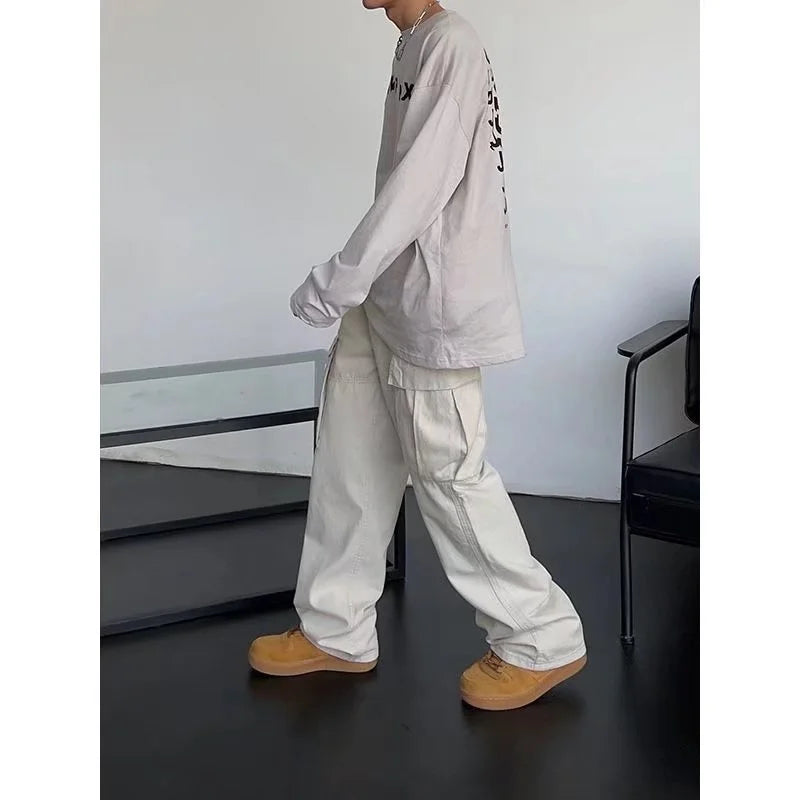 saferido Japanese cityboy heavy cotton overalls wide leg pants European and American street high waist slim hiphop big mouth bag fashion