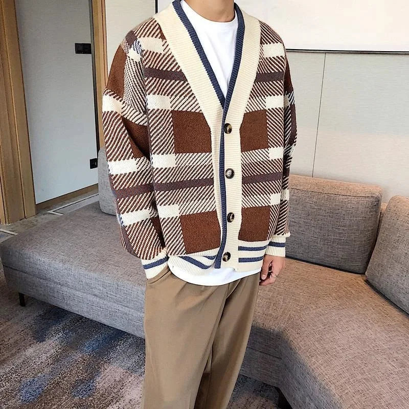 Autumn Men's Luxury Knitted Plaid Printed Buttons Cardigan Sweater Long Sleeve Streetwear Leisure Coat Fashion Check Knitwear