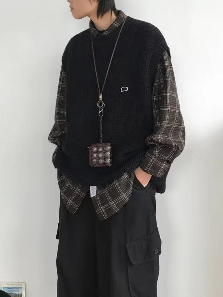 saferido Sweater Vests Men Fashion Leisure Japanese Style Vintage Chic Sleeveless All-match High Street Males Knitting Harajuku Autumn