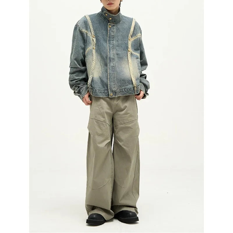 American Vintage Denim Jacket Men Women Loose Harajuku Bomber Outwear Couple Autumn Patchwork Casual Baseball Coat