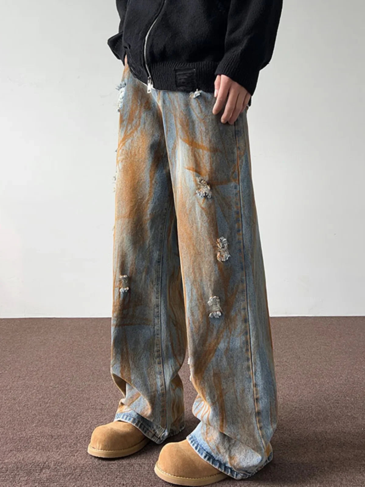 saferido Spring and Autumn Tie Dyed Distressed Jeans, Men's Straight Leg American Trendy Brand Ruffian Handsome Casual Hip-hop High
