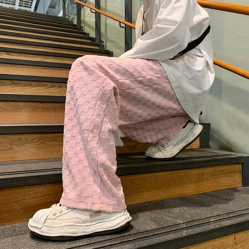 saferido Straight Wide Leg Knitted Sweatpants Men's Spring Autumn Solid Color Plaid Casual Pants Sports Trend Classic All-match Trousers