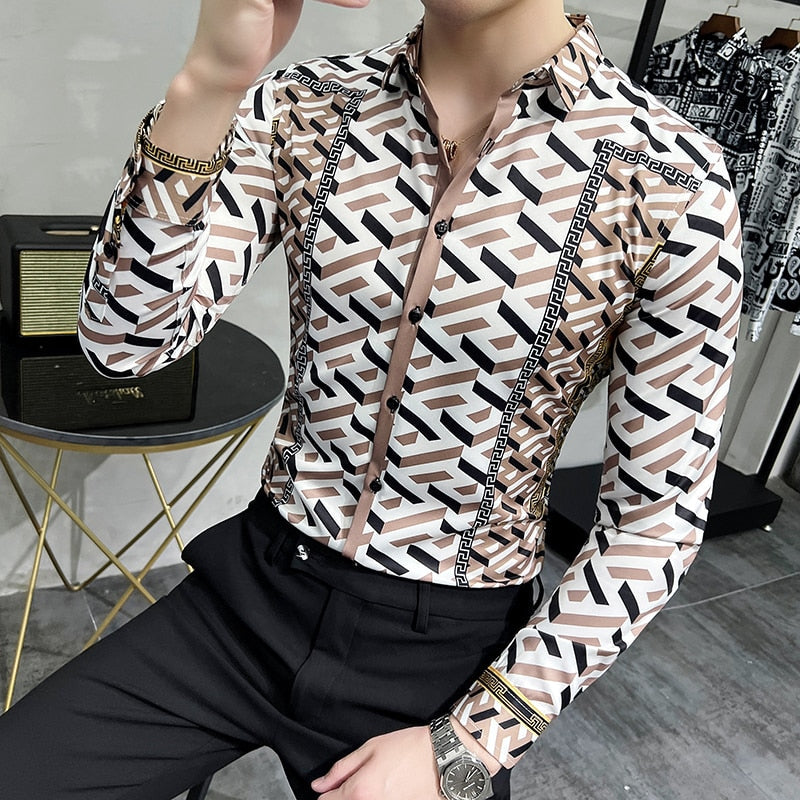 Men's Classic Geometric Print Shirt Spring Autumn Retro Casual Slim Fit Long Sleeve Shirts Men Party NightClub Shirts