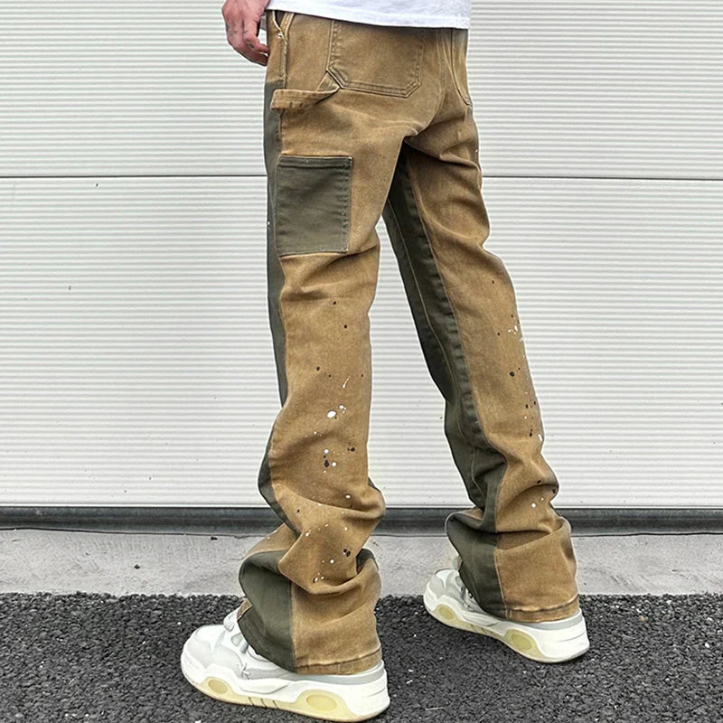 saferido Splash Ink Painted Washed Micro Elastic Denim Logging Pants Men's Patchwork Baggy Y2K Jeans Oversized Casual Cargo Trousers