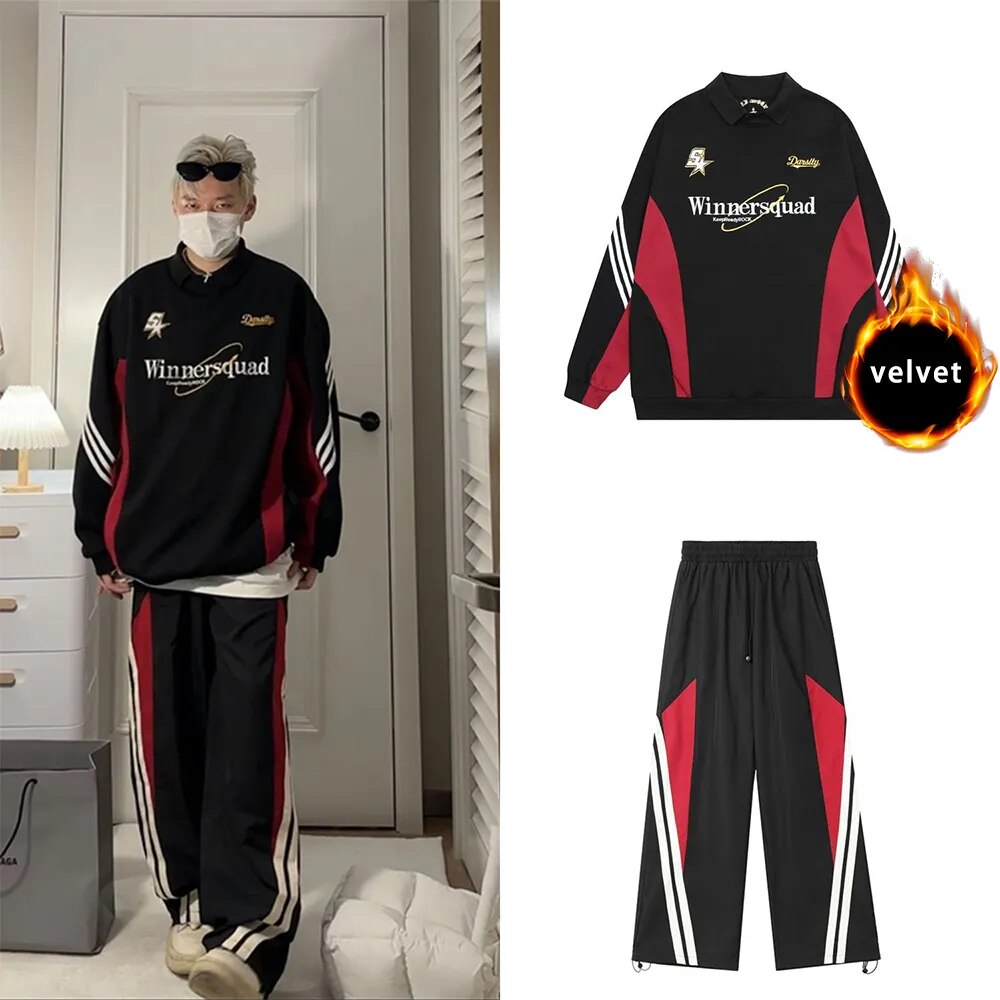 Baggy Two Piece Set for Men Parachute Wide Leg Pants Sweatshirts Outfit Tracksuit Men Polo Vintage Casual Streetwear