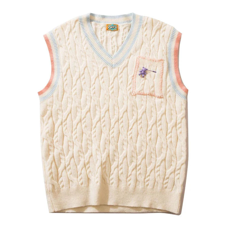 saferido Japanese Harajuku Knitted Vest Men Solid Color Matching V-neck Pullover Causal Loose Sleeveless Couple Sweaters Fashion New
