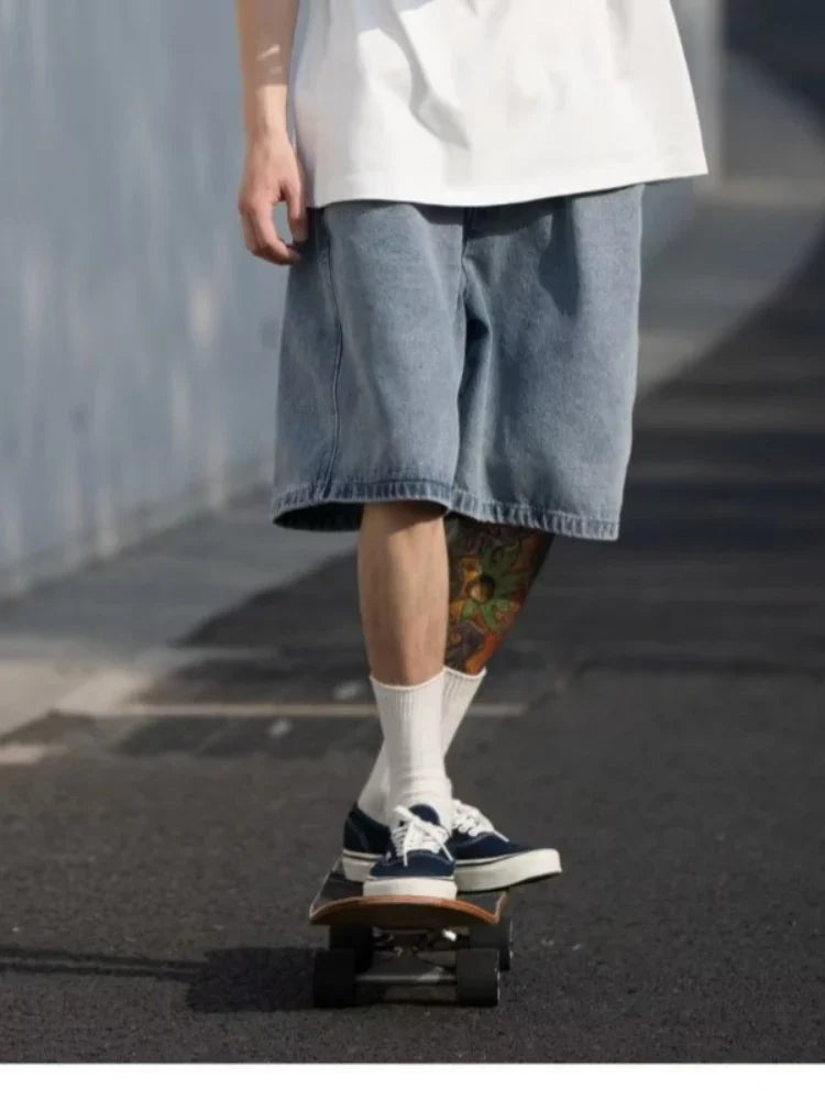 Denim Shorts Men Loose Simple Summer Popular Harajuku Japanese Style Vintage Washed Full Length All-match Streetwear College New