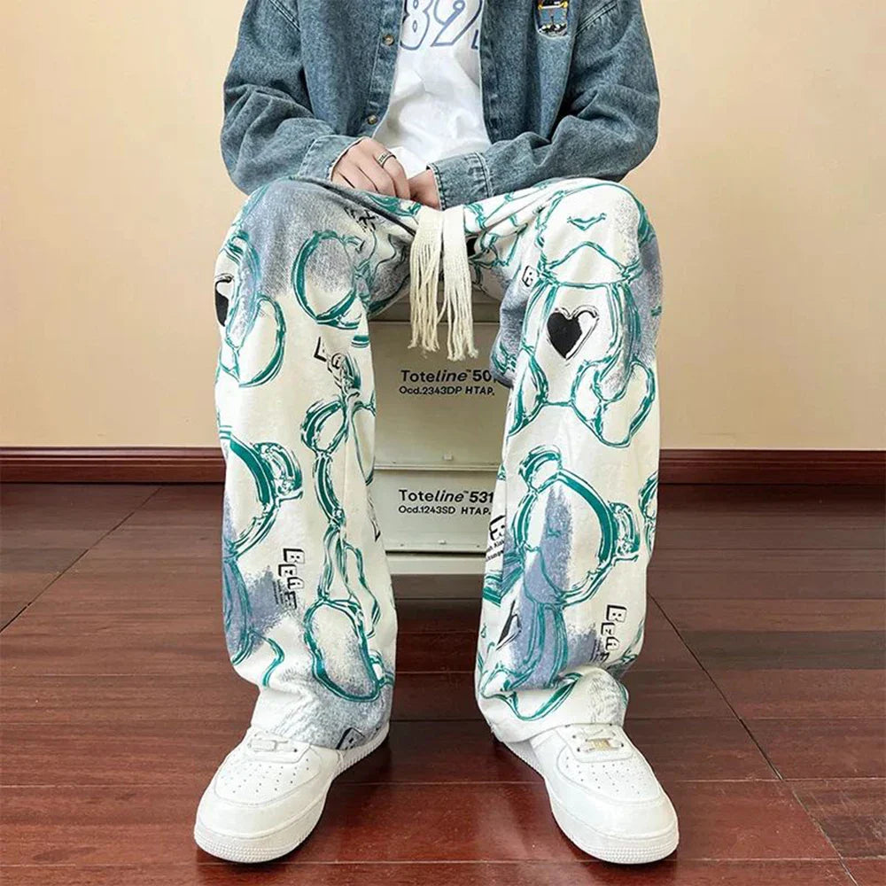 saferido American High Street Casual Pants Men's Tie-dye Bear Graffiti Casual Loose Wide-leg Pants Trendy Brand Niche Mopping Trousers
