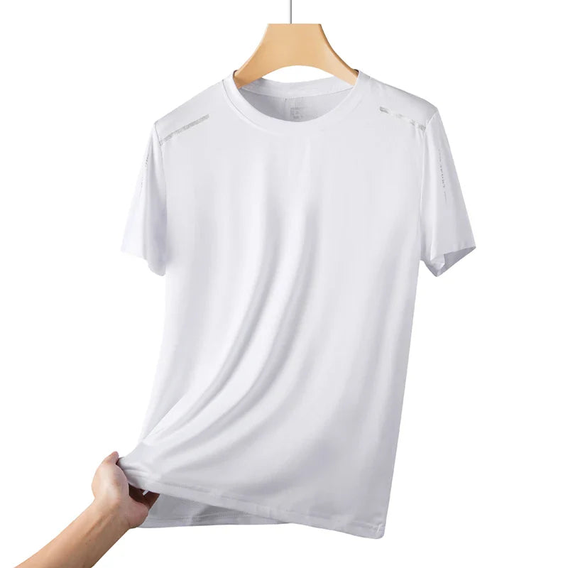 Ice Silk Short Sleeves Men's Summer Thin Sports Top Cool T-shirt, Elastic Mesh Breathable Outdoor New Quick Drying T-shirt