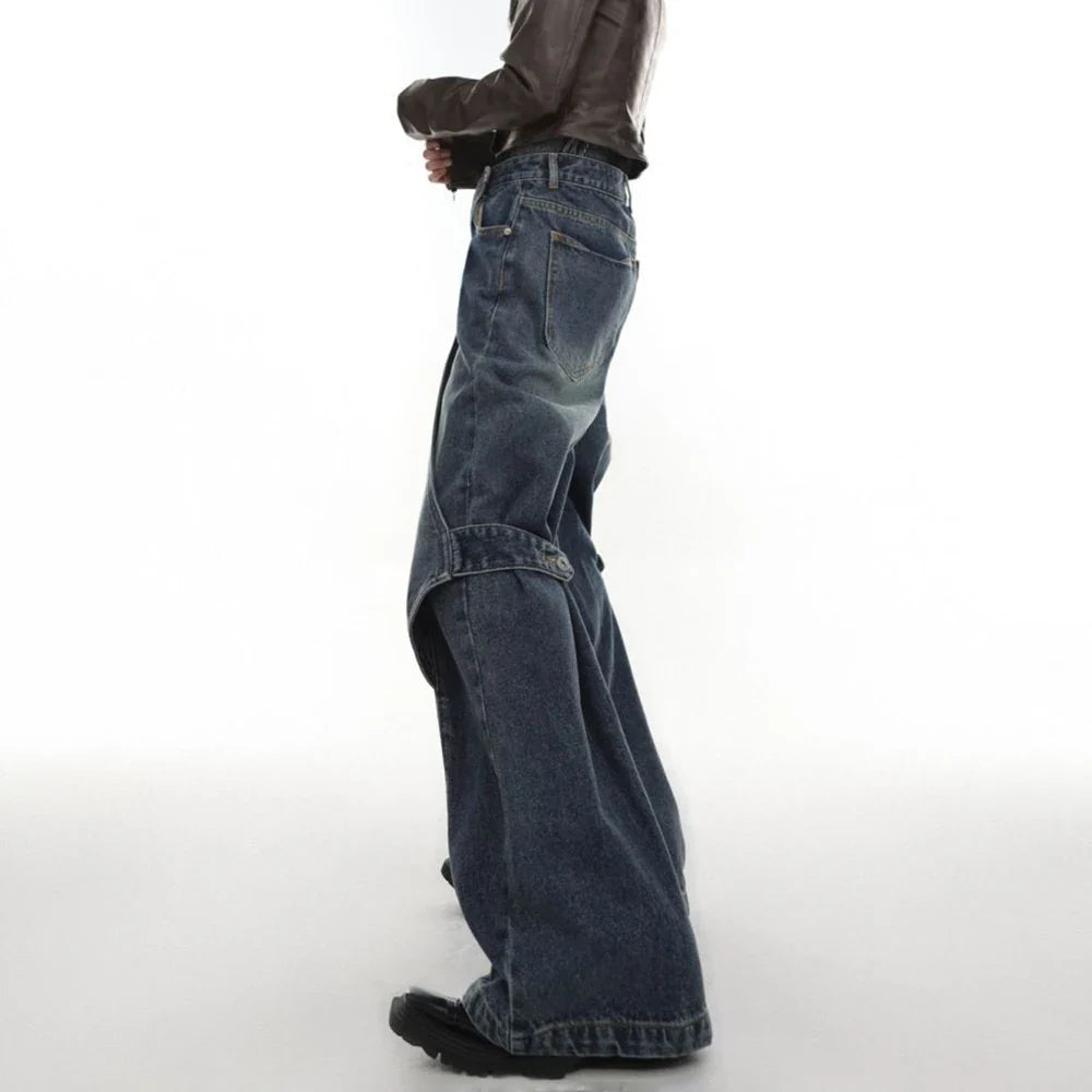 saferido Mens Autumn Winter American Street Niche Y2k Heavy-Duty Distressed Washed Jeans Irregular Variable Bell Pants Wide-Leg Pants