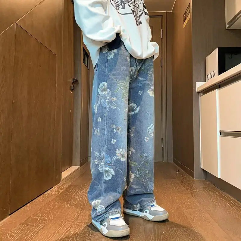 saferido Man Cowboy Pants Wide Leg Trousers Straight Men's Jeans with Print Designer Fashion Casual Washed Korean Plus Size Cotton