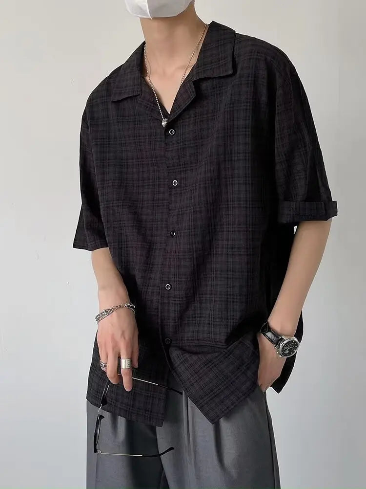 saferido Black Plaid Shirts Men Summer Loose Breathable Teens All-match Trendy Korean Fashion BF Simple Tops Streetwear Harajuku Camisas