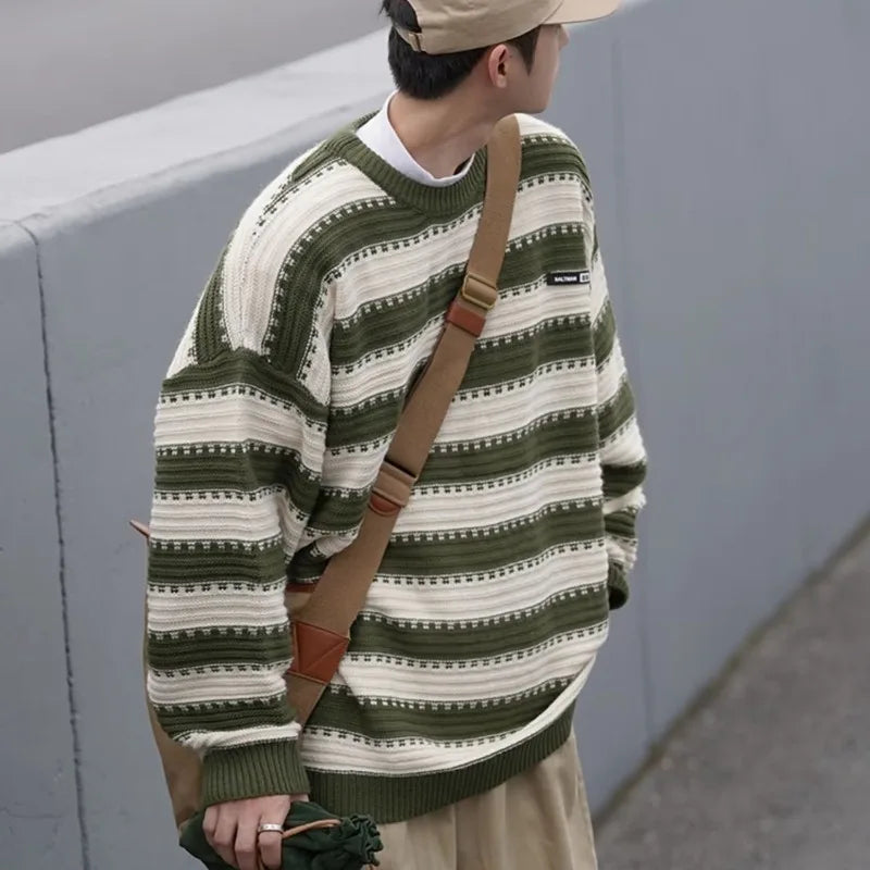 saferido Striped Knitted Sweater Coat Men Japanese Oversize Casual Autumn Winter Loose O-neck Pullovers for Man Streetwear Korean
