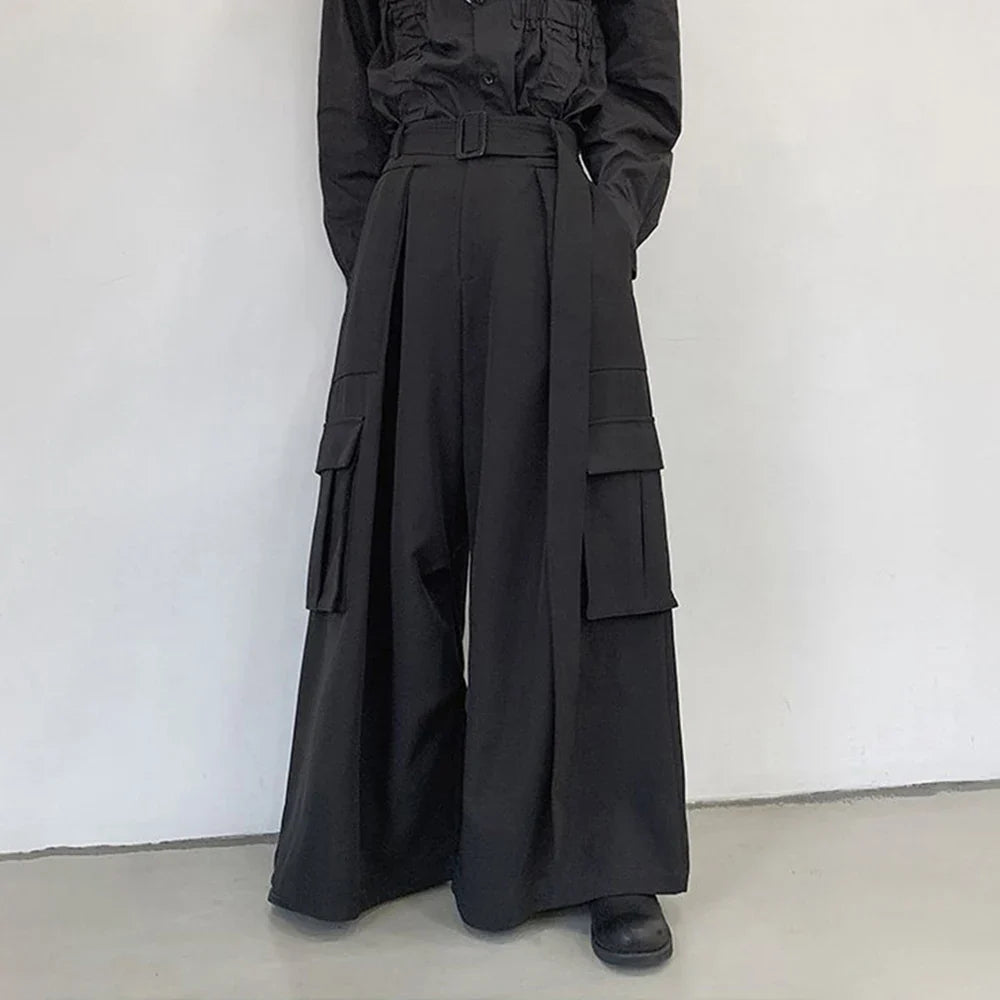 saferido Mens Multi-Pocket Loose Casual Skirts Genderless Japanese Harajuku Street Dark Workwear Style Solid Color Wide Leg Pants Unisex