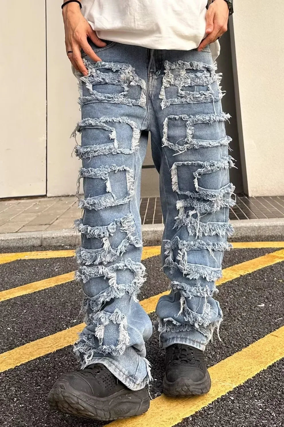 saferido Individualized patch jeans men American high street hip-hop fried street beggar pants blue loose small crowd mopping