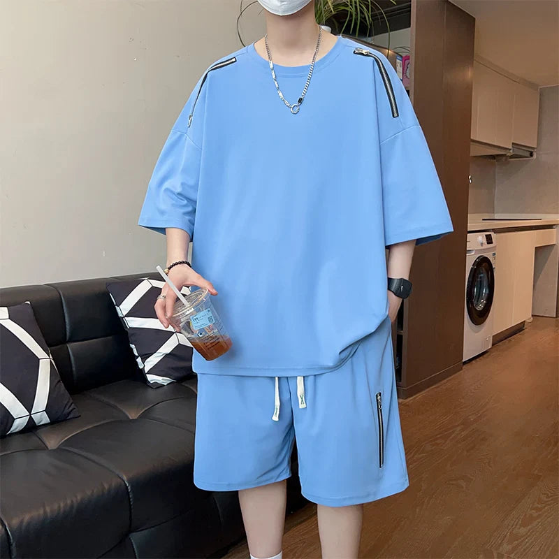 saferido Oversized Tracksuit Men New Korean High Street Fashion Zipper Design T-shirt Shorts Two Pieces Sets Mens Streetwear Men Clothes