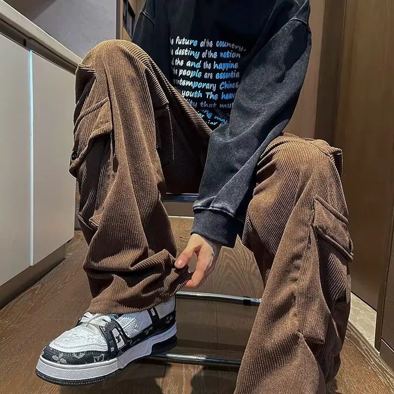 saferido Men's Casual Pants Loose Straight Corduroy Pants Elastic Waist Sweatpants Fashion Streetwear Spring Men Sports Jogger Trousers