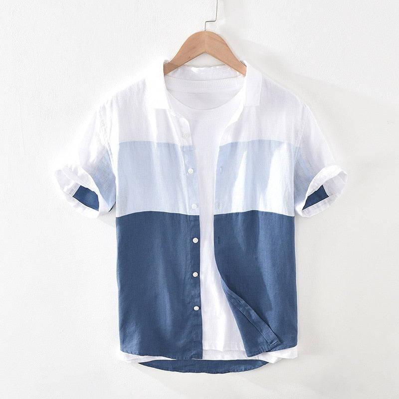 Pure Linen Short Sleeve Shirt for Men Summer New Japan Fashion Tops Male Breathable Vintage Striped Patchwork Button Up Shirt