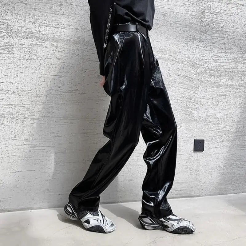 saferido British Style Net Trend Personality Streetwear Bright PU Leather Trousers Side Tight Waist Loose Casual Pants Men's S-2XL