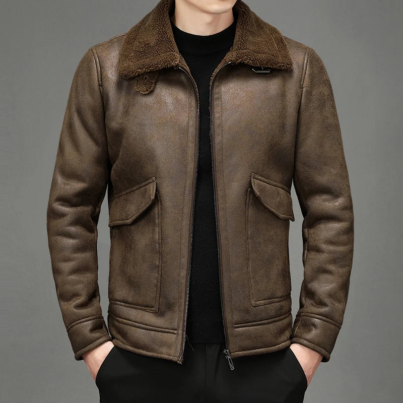 Jacket Plus Velvet Lapel Thick Warm Fashion Autumn Winter Men's Suede Boutique Imitation Leather Top Large Size PU Coats
