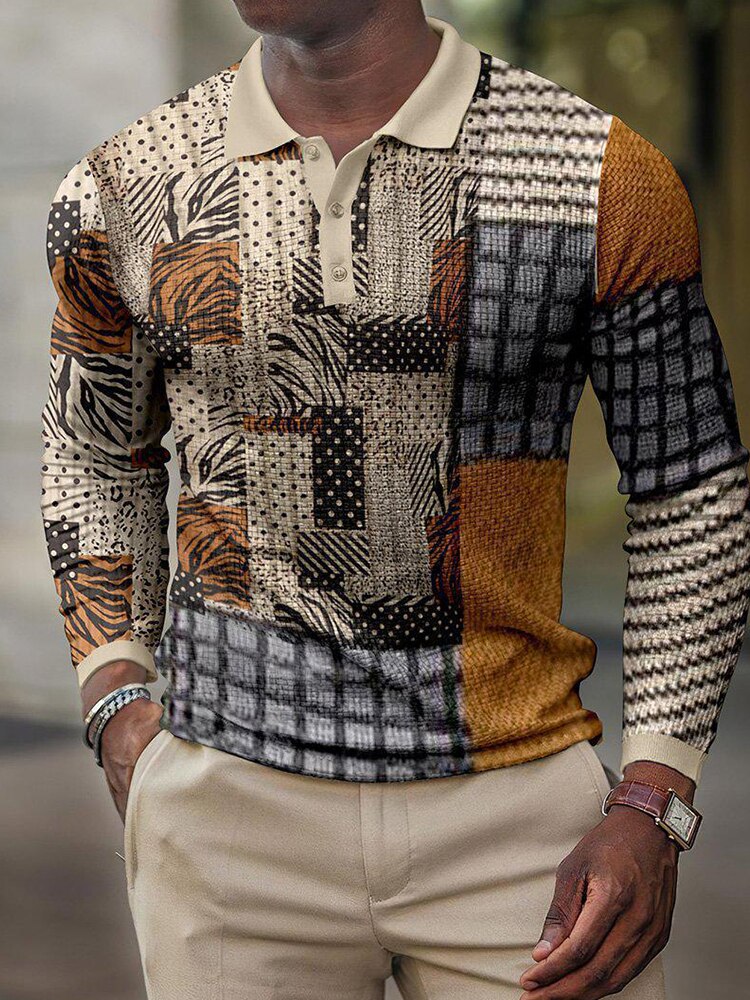 Spring Casual Printed Polo Shirts Men's Fashion Turn-down Long Sleeve Polo Shirt For Men New Autumn Buttoned Slim Fit Tops