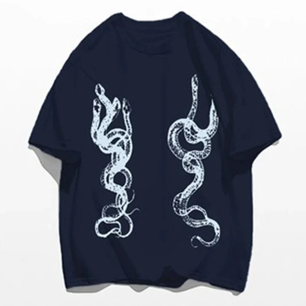 saferido Men's Casual T-Shirt Fashionable Trendy Hip-Hop High Street Y2k Retro Snake Pattern Loose Cotton Top 2024 Spring And Summer
