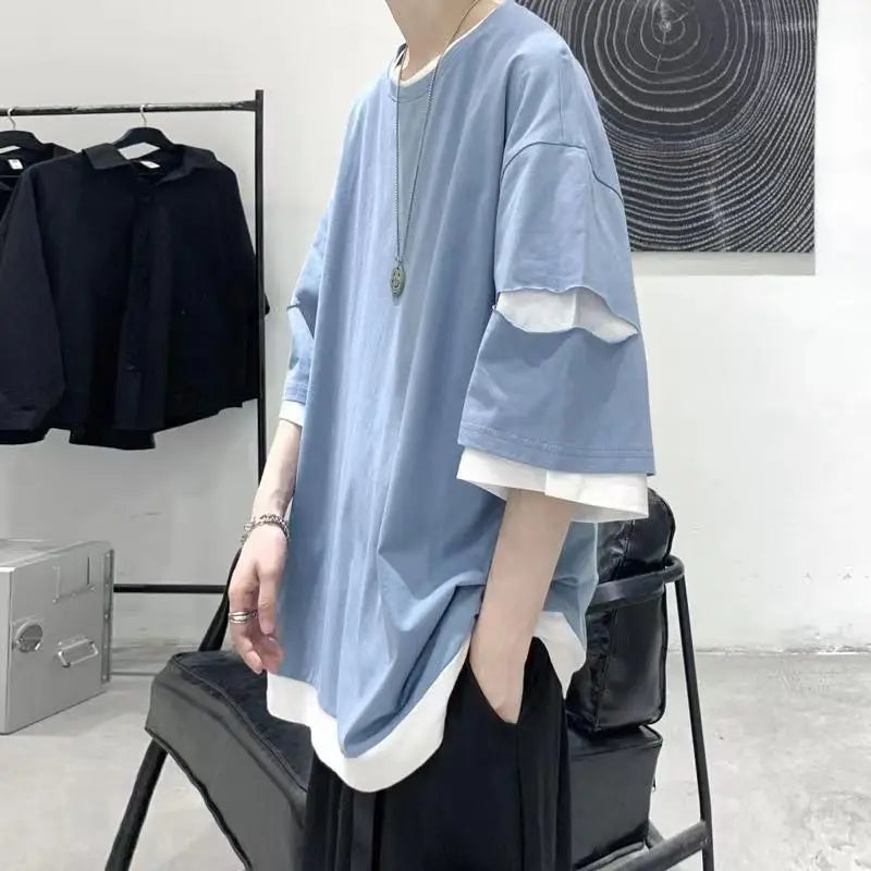 saferido Street Casual Fashion Loose Pullovers Patchwork T-Shirts Short Sleeve Man Spring Summer Thin Hooded Round Neck Men's Clothing