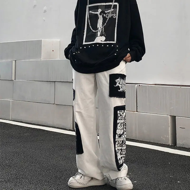 saferido Large Size Cargo Pants Men Spring Autumn Cartoon Patch Ins Fashion Casual Trousers High Street Harajuku Streetwear Male Clothes