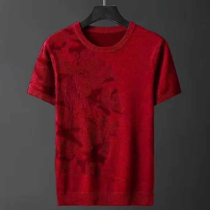 Men Short Sleeve Breathable Leisure O-neck Slim Fit T-shirts Male Fashion Ice Silk Knitted Tops Size Shirt L145