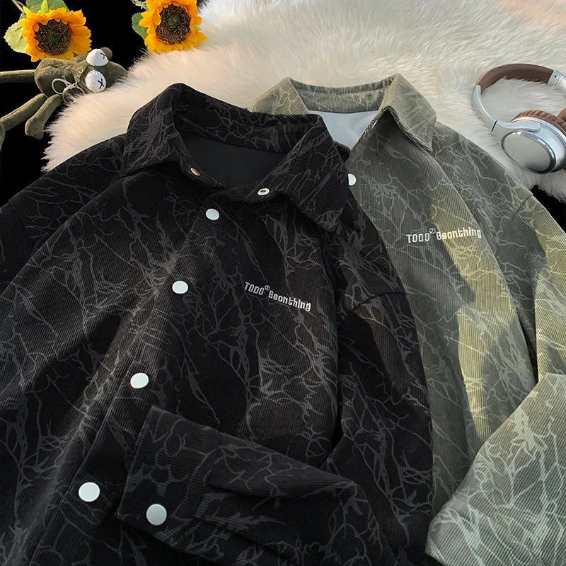 saferido Trendy Corduroy Long-sleeved Shirt Men's Casual Shirt Embroidery Design Retro Shirt 2024 Spring Fashion Printed Buttons Cardigan